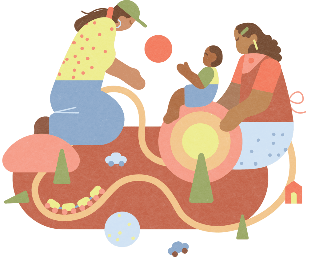 Illustration of two adults and a child playing in garden