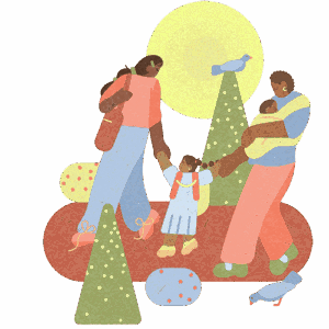 Postpartum family walking outside