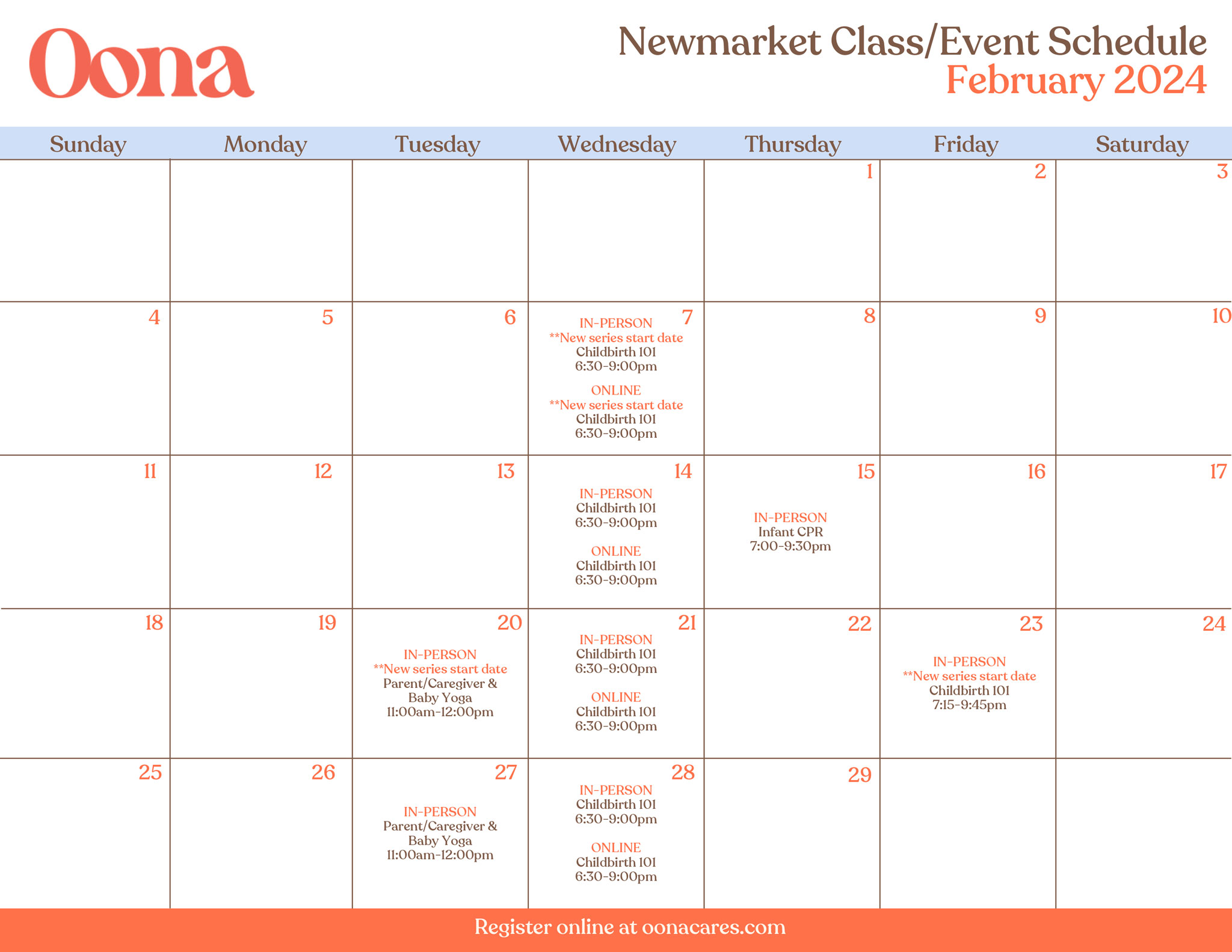 Oona Newmarket February 2024 Class Calendar