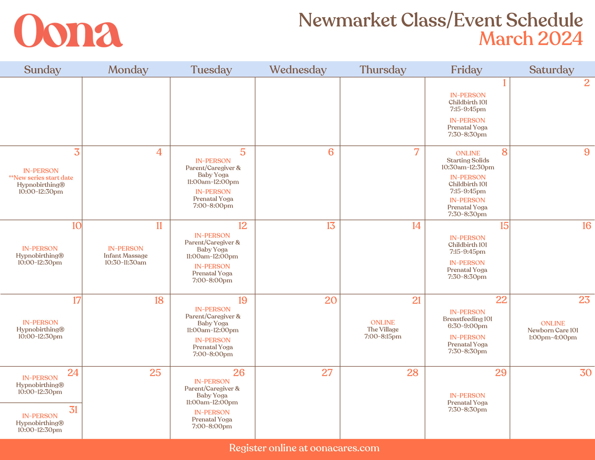 Oona Newmarket March 2024 Class Calendar