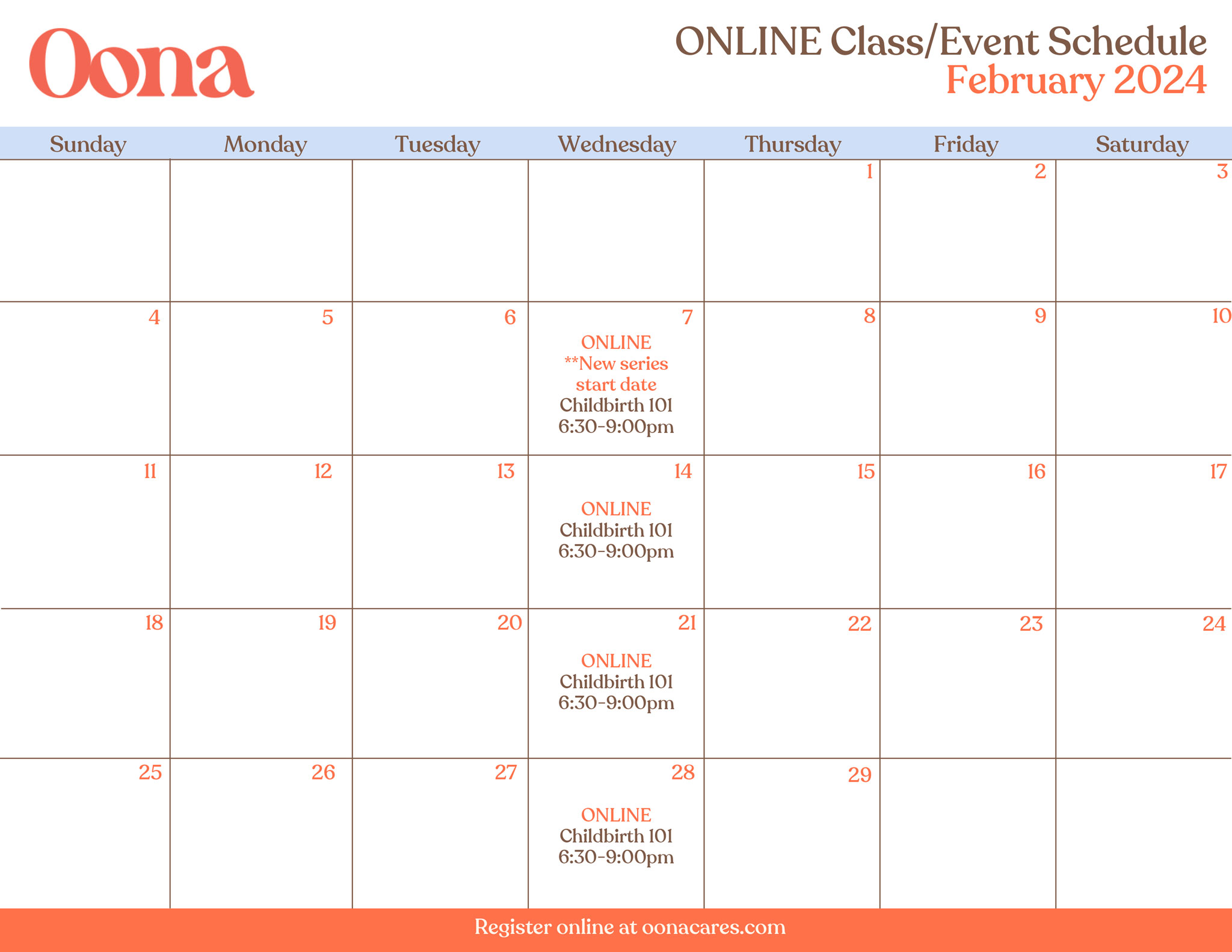 Oona Online February 2024 Class Calendar
