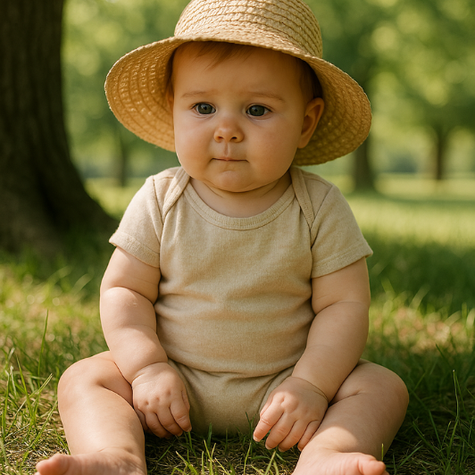 Baby in sunhat playing in the shade with no sunscreen applied